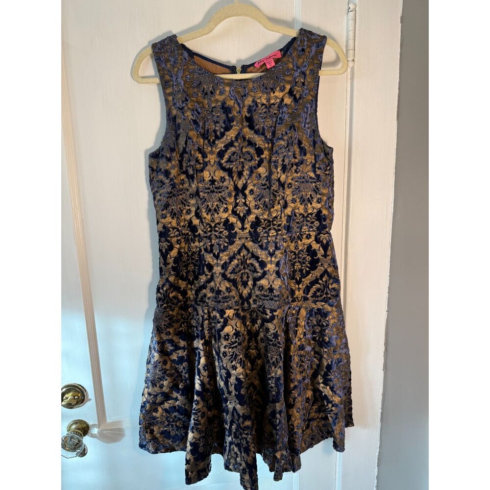 Betsey Johnson Navy Blue and Gold Velvet Dress